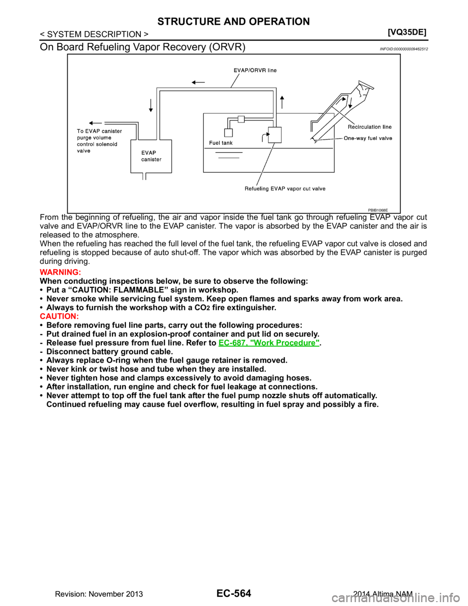 NISSAN TEANA 2014  Service Manual 
EC-564
< SYSTEM DESCRIPTION >[VQ35DE]
STRUCTURE AND OPERATION
On Board Refueling V apor Recovery (ORVR)
INFOID:0000000009462512
From the beginning of refueling, the air and vapor insi de the fuel tan