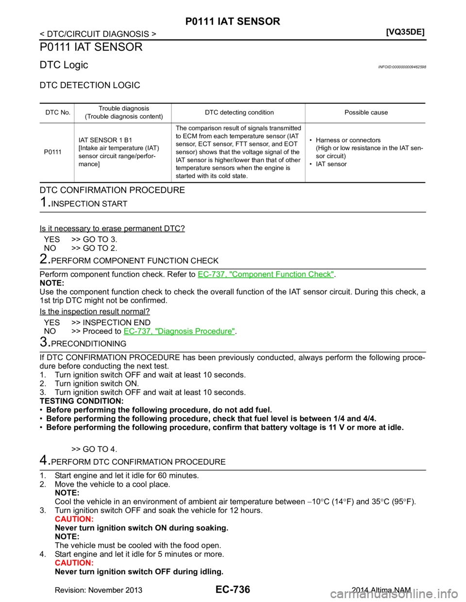 NISSAN TEANA 2014  Service Manual 
EC-736
< DTC/CIRCUIT DIAGNOSIS >[VQ35DE]
P0111 IAT SENSOR
P0111 IAT SENSOR
DTC LogicINFOID:0000000009462598
DTC DETECTION LOGIC 
DTC CONFIRMATION PROCEDURE
1.INSPECTION START
Is it necessary to erase