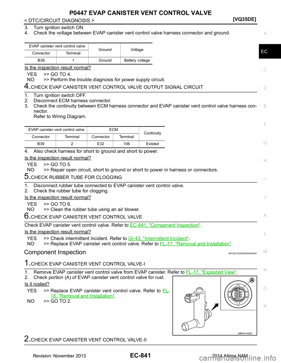NISSAN TEANA 2014  Service Manual 
P0447 EVAP CANISTER VENT CONTROL VALVEEC-841
< DTC/CIRCUIT DIAGNOSIS > [VQ35DE]
C 
D E
F
G H
I
J
K L
M A
EC
NP
O
3. Turn ignition switch ON. 
4. Check the voltage between EVAP canister  vent control 