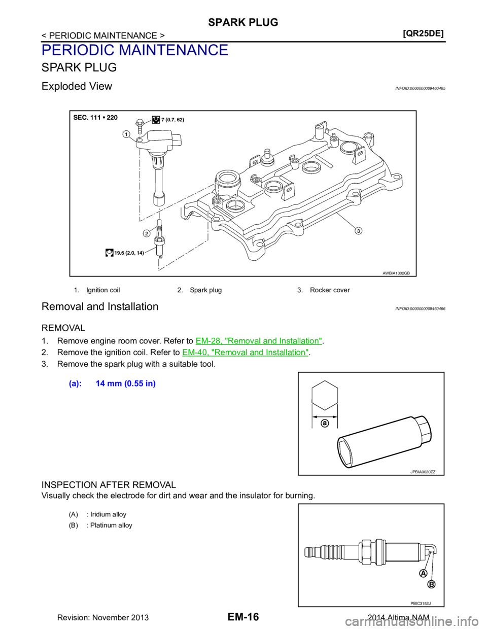 NISSAN TEANA 2014  Service Manual 
EM-16
< PERIODIC MAINTENANCE >[QR25DE]
SPARK PLUG
PERIODIC MAINTENANCE
SPARK PLUG 
Exploded ViewINFOID:0000000009460465
Removal and InstallationINFOID:0000000009460466
REMOVAL
1. Remove engine room c