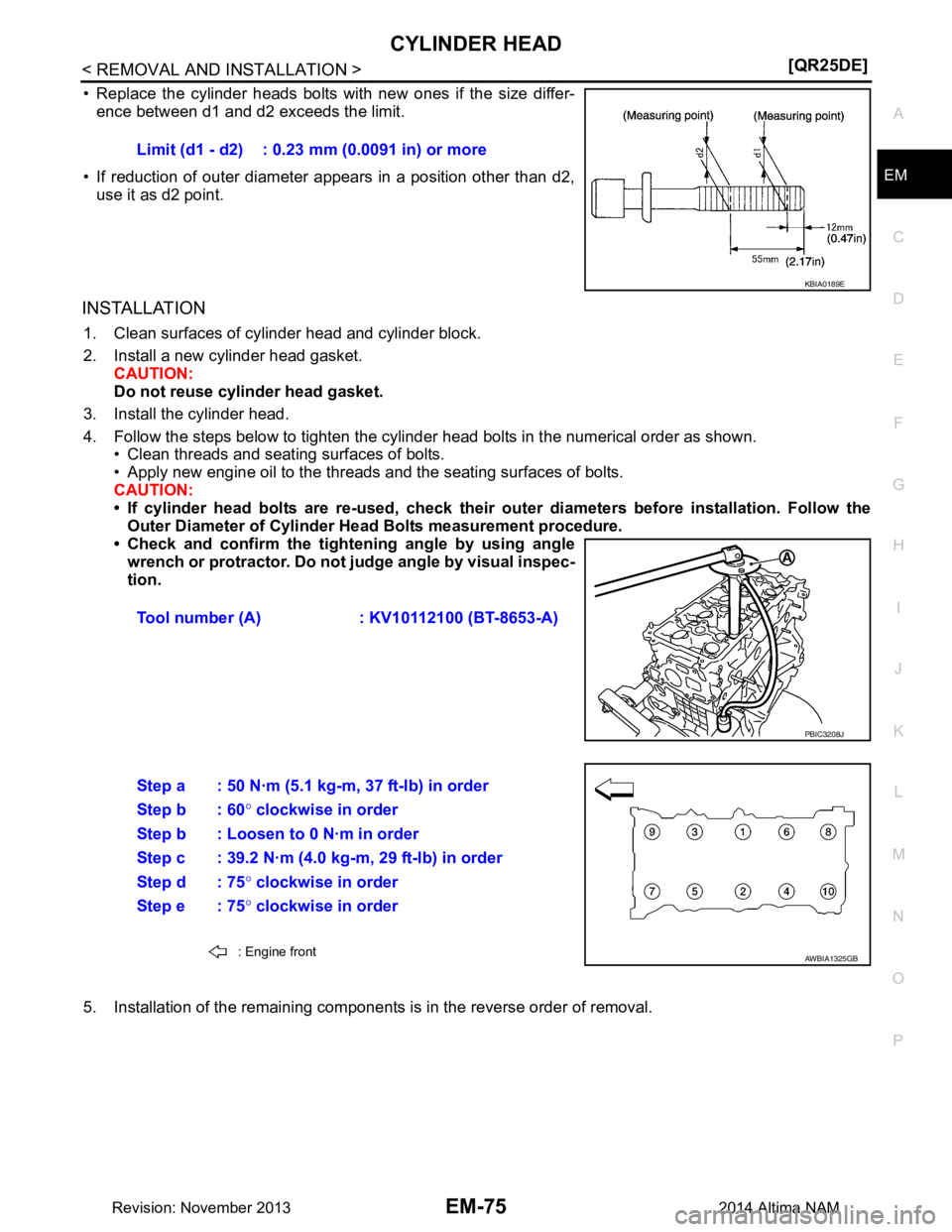 NISSAN TEANA 2014  Service Manual 
CYLINDER HEADEM-75
< REMOVAL AND INSTALLATION > [QR25DE]
C 
D E
F
G H
I
J
K L
M A
EM
NP
O
• Replace the cylinder heads bolts with new ones if the size differ-
ence between d1 and d2 exceeds the lim