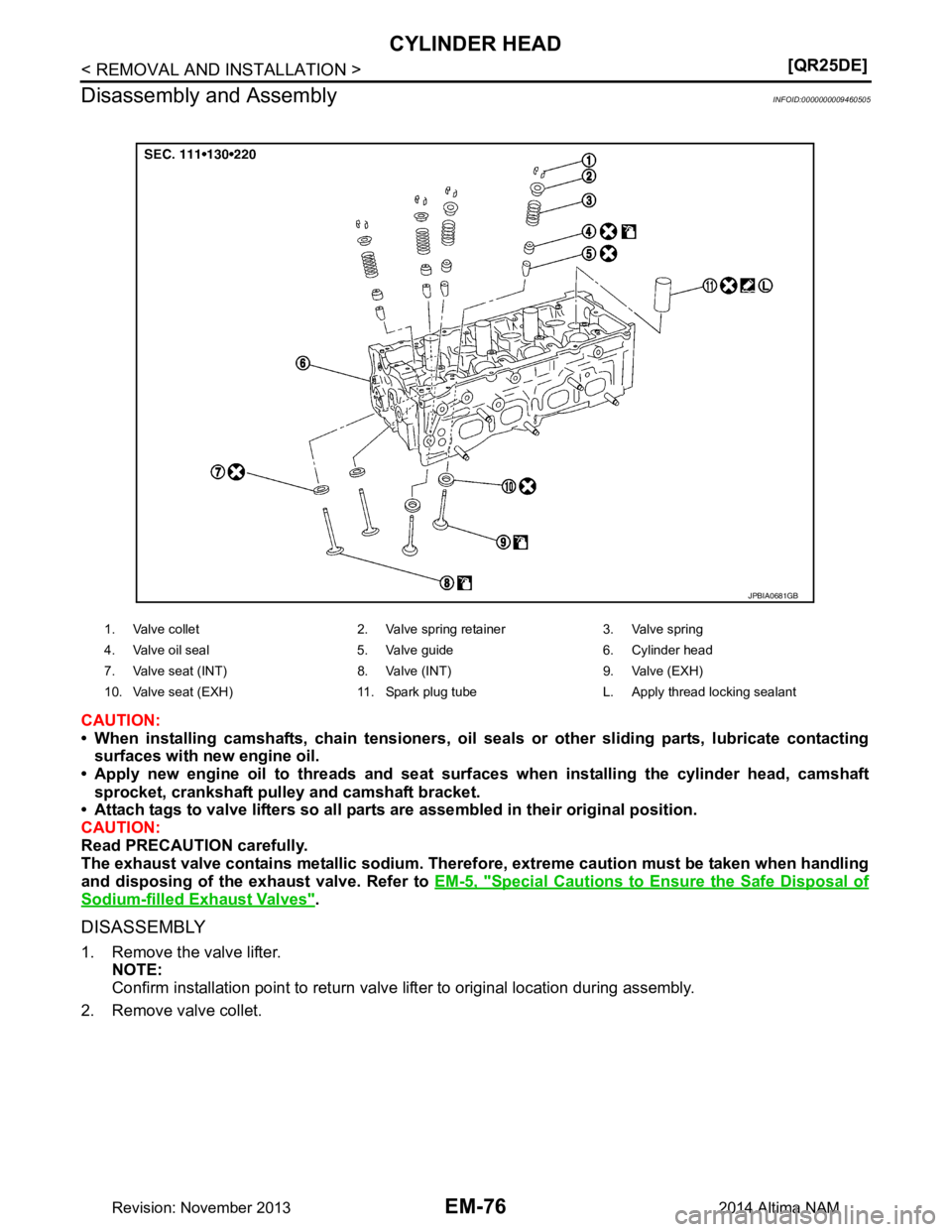NISSAN TEANA 2014  Service Manual 
EM-76
< REMOVAL AND INSTALLATION >[QR25DE]
CYLINDER HEAD
Disassembly and Assembly
INFOID:0000000009460505
CAUTION: 
• When installing camshafts, chain tensioners, oil  seals or other sliding parts,