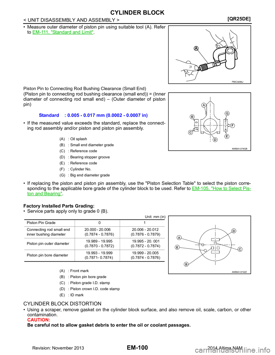 NISSAN TEANA 2014  Service Manual 
EM-100
< UNIT DISASSEMBLY AND ASSEMBLY >[QR25DE]
CYLINDER BLOCK
• Measure outer diameter of piston pin using suitable tool (A). Refer
to  EM-111, "Standard and Limit"
.
Piston Pin to Connecting Rod