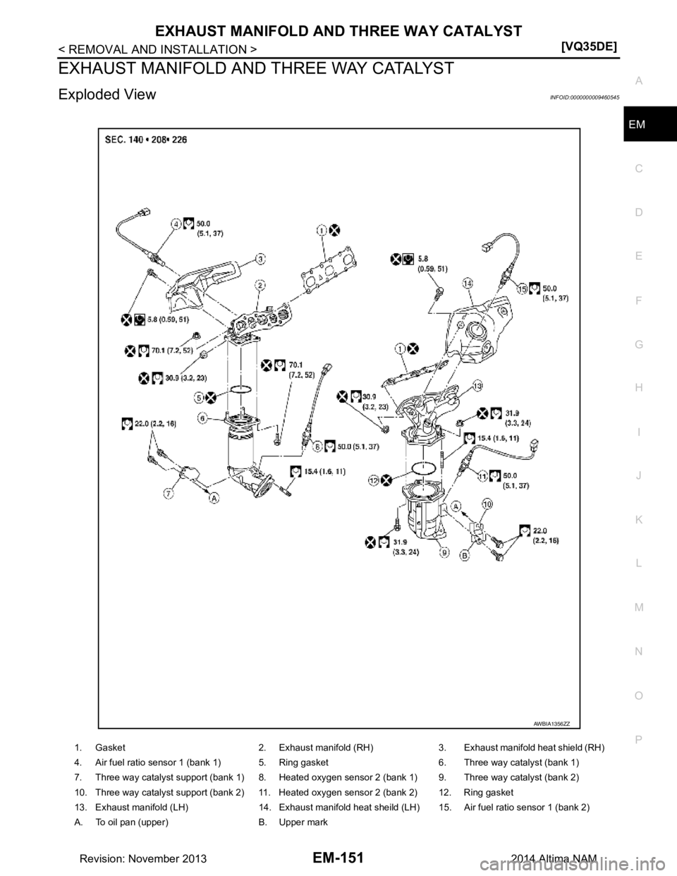 NISSAN TEANA 2014  Service Manual 
EXHAUST MANIFOLD AND THREE WAY CATALYST
EM-151
< REMOVAL AND INSTALLATION > [VQ35DE]
C 
D E
F
G H
I
J
K L
M A
EM
NP
O
EXHAUST MANIFOLD AND THREE WAY CATALYST
Exploded ViewINFOID:0000000009460545
1. G
