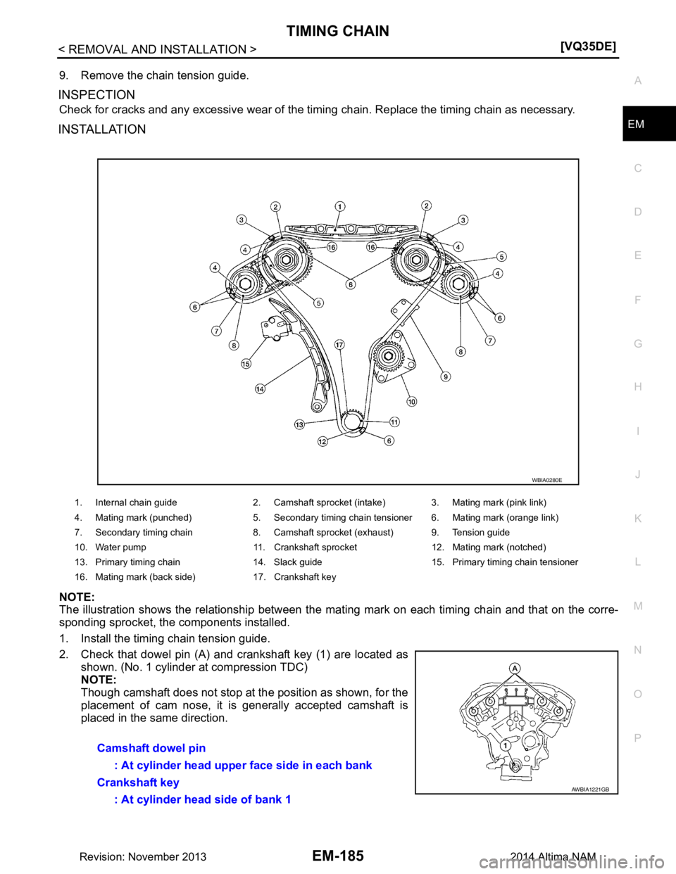 NISSAN TEANA 2014  Service Manual 
TIMING CHAINEM-185
< REMOVAL AND INSTALLATION > [VQ35DE]
C 
D E
F
G H
I
J
K L
M A
EM
NP
O
9. Remove the chain tension guide.
INSPECTION
Check for cracks and any excessive 
wear of the timing chain. R