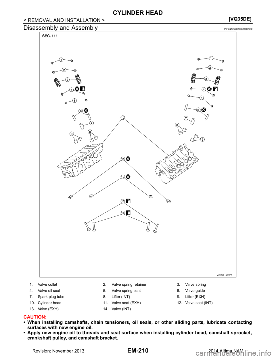 NISSAN TEANA 2014  Service Manual 
EM-210
< REMOVAL AND INSTALLATION >[VQ35DE]
CYLINDER HEAD
Disassembly and Assembly
INFOID:0000000009460576
CAUTION: 
• When installing camshafts, chain tensioners, oil seal s, or other sliding part