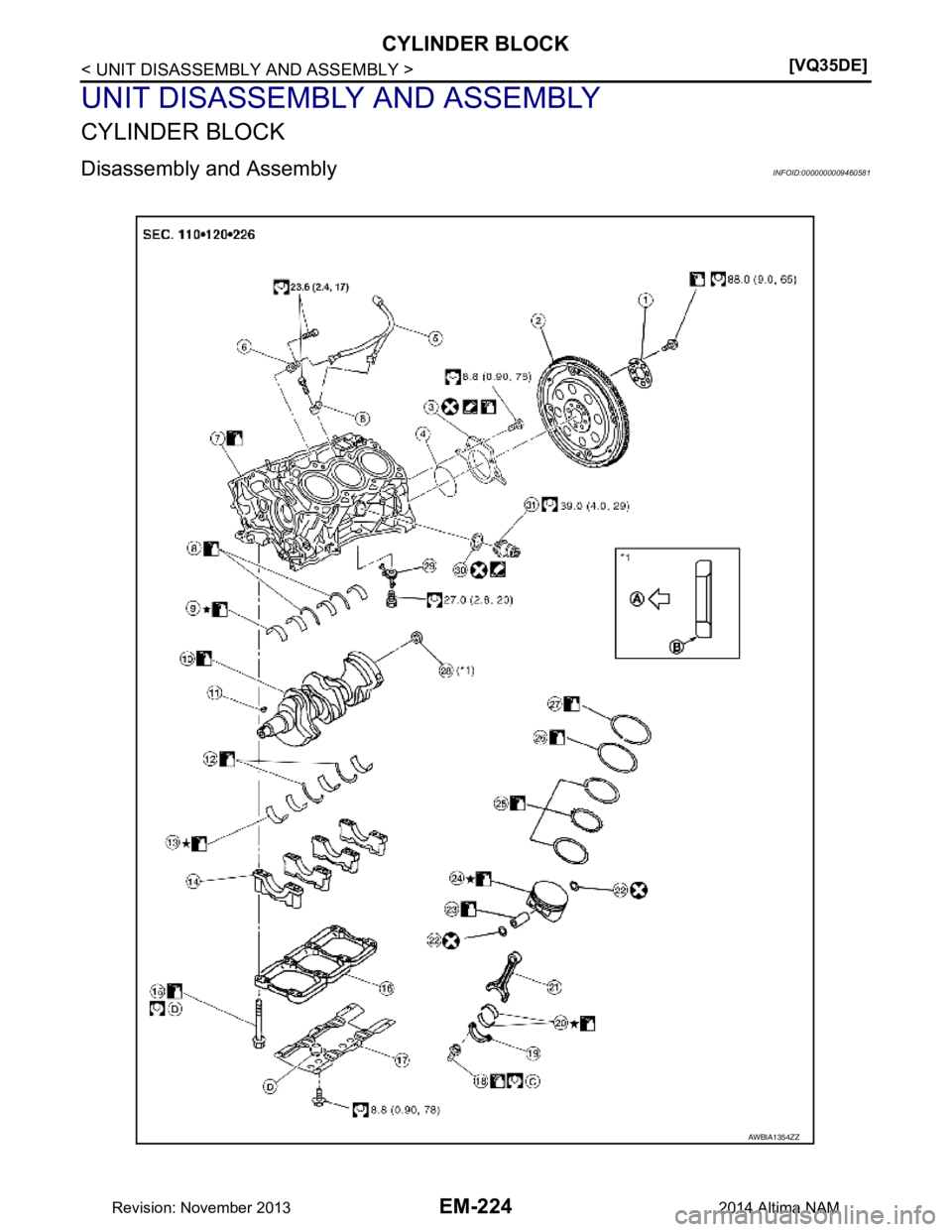 NISSAN TEANA 2014  Service Manual 
EM-224
< UNIT DISASSEMBLY AND ASSEMBLY >[VQ35DE]
CYLINDER BLOCK
UNIT DISASSEMBLY AND ASSEMBLY
CYLINDER BLOCK
Disassembly and AssemblyINFOID:0000000009460581
AWBIA1354ZZ
Revision: November 20132014 Al