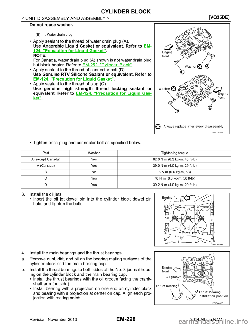 NISSAN TEANA 2014  Service Manual 
EM-228
< UNIT DISASSEMBLY AND ASSEMBLY >[VQ35DE]
CYLINDER BLOCK
Do not reuse washer. 
• Apply sealant to the thread of water drain plug (A). Use Anaerobic Liquid Gasket or equivalent. Refer to  EM-