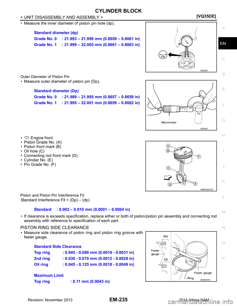 NISSAN TEANA 2014  Service Manual 
CYLINDER BLOCKEM-235
< UNIT DISASSEMBLY AND ASSEMBLY > [VQ35DE]
C 
D E
F
G H
I
J
K L
M A
EM
NP
O
• Measure the inner diameter of piston pin hole (dp).
Outer Diameter of
 Piston Pin
• Measure oute