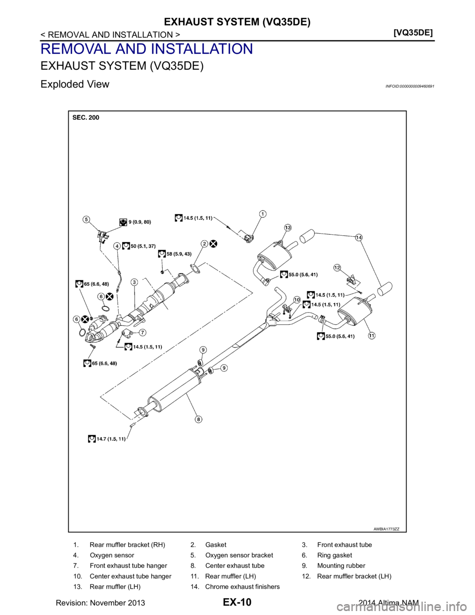NISSAN TEANA 2014  Service Manual 
EX-10
< REMOVAL AND INSTALLATION >[VQ35DE]
EXHAUST SYSTEM (VQ35DE)
REMOVAL AND INSTALLATION
EXHAUST SYSTEM (VQ35DE)
Exploded ViewINFOID:0000000009460691
AWBIA1773ZZ
1. Rear muffler bracket (RH) 2. Ga