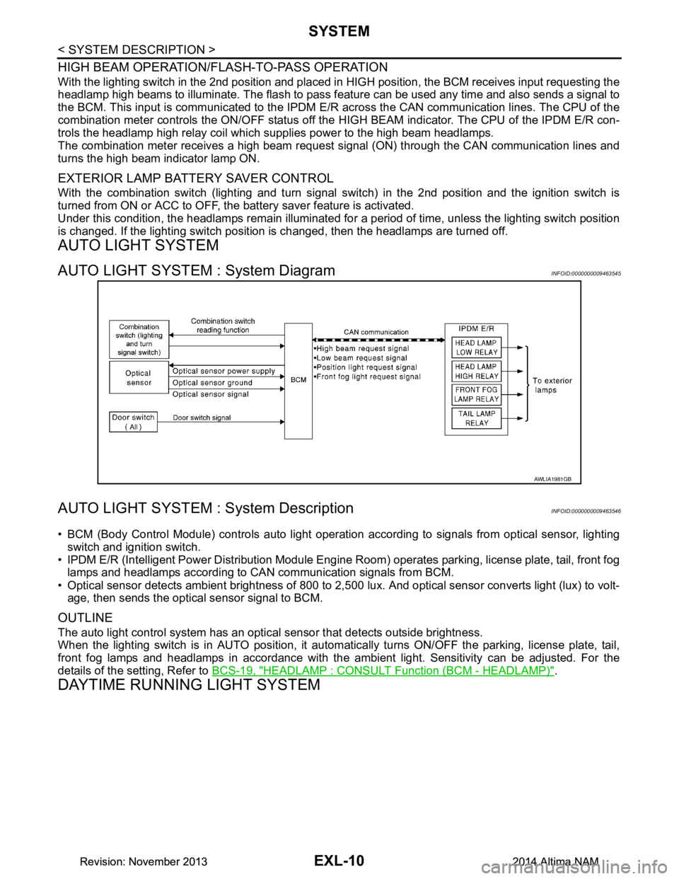 NISSAN TEANA 2014  Service Manual 
EXL-10
< SYSTEM DESCRIPTION >
SYSTEM
HIGH BEAM OPERATION/FLASH-TO-PASS OPERATION
With the lighting switch in the 2nd position and placed in HIGH position, the BCM receives input requesting the
headla