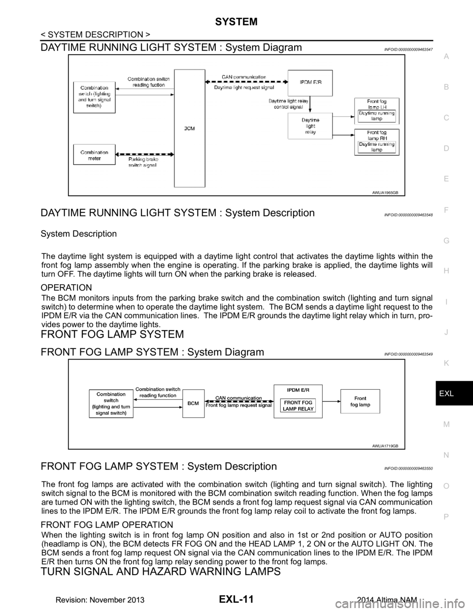 NISSAN TEANA 2014 Service Manual
SYSTEMEXL-11
< SYSTEM DESCRIPTION >
C
D E
F
G H
I
J
K
M A
B
EXL
N
O P
DAYTIME RUNNING LIGHT SY STEM : System DiagramINFOID:0000000009463547
DAYTIME RUNNING LIGHT SYST EM : System DescriptionINFOID: NISSAN TEANA 2014 Service Manual
SYSTEMEXL-11
< SYSTEM DESCRIPTION >
C
D E
F
G H
I
J
K
M A
B
EXL
N
O P
DAYTIME RUNNING LIGHT SY STEM : System DiagramINFOID:0000000009463547
DAYTIME RUNNING LIGHT SYST EM : System DescriptionINFOID: