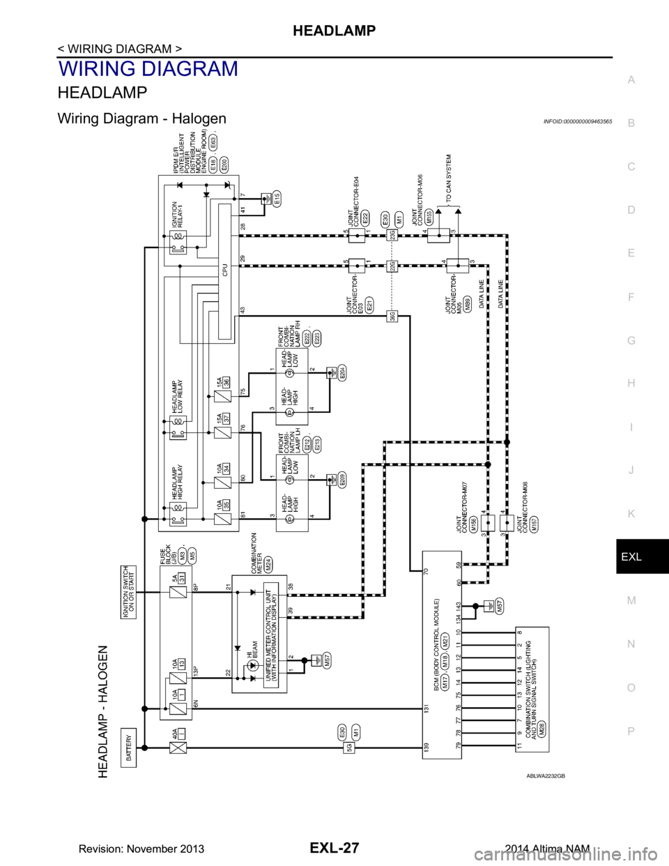 NISSAN TEANA 2014  Service Manual 
HEADLAMPEXL-27
< WIRING DIAGRAM >
C 
D E
F
G H
I
J
K
M A 
B
EXL
N
O P
WIRING DIAGRAM
HEADLAMP
Wiring Diagram - HalogenINFOID:0000000009463565
ABLWA2232GB
Revision: November 20132014 Altima NAMRevisio