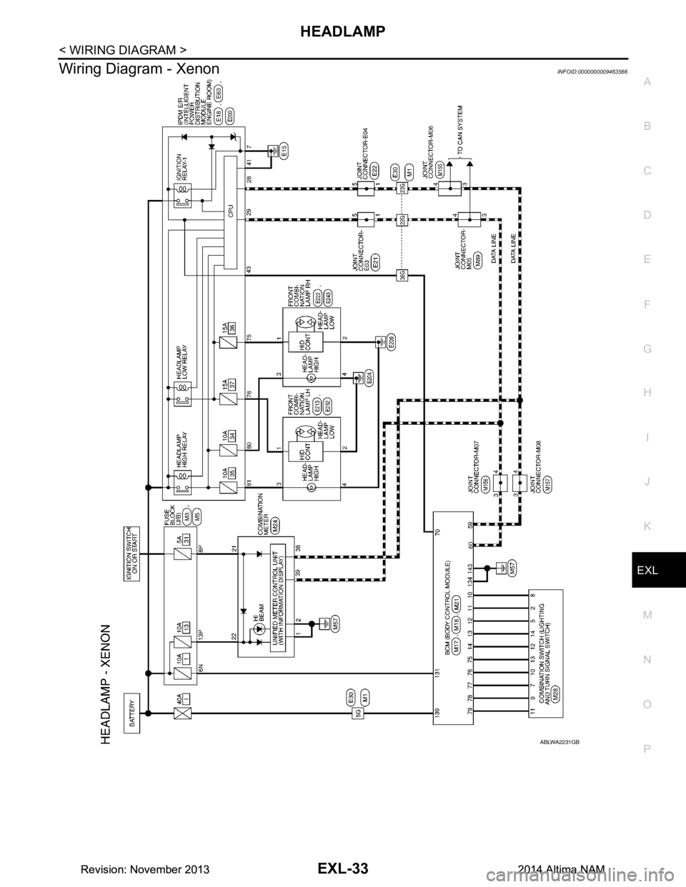 NISSAN TEANA 2014  Service Manual 
HEADLAMPEXL-33
< WIRING DIAGRAM >
C 
D E
F
G H
I
J
K
M A 
B
EXL
N
O P
Wiring Diagram - XenonINFOID:0000000009463566
ABLWA2231GB
Revision: November 20132014 Altima NAMRevision: November 20132014 Altim