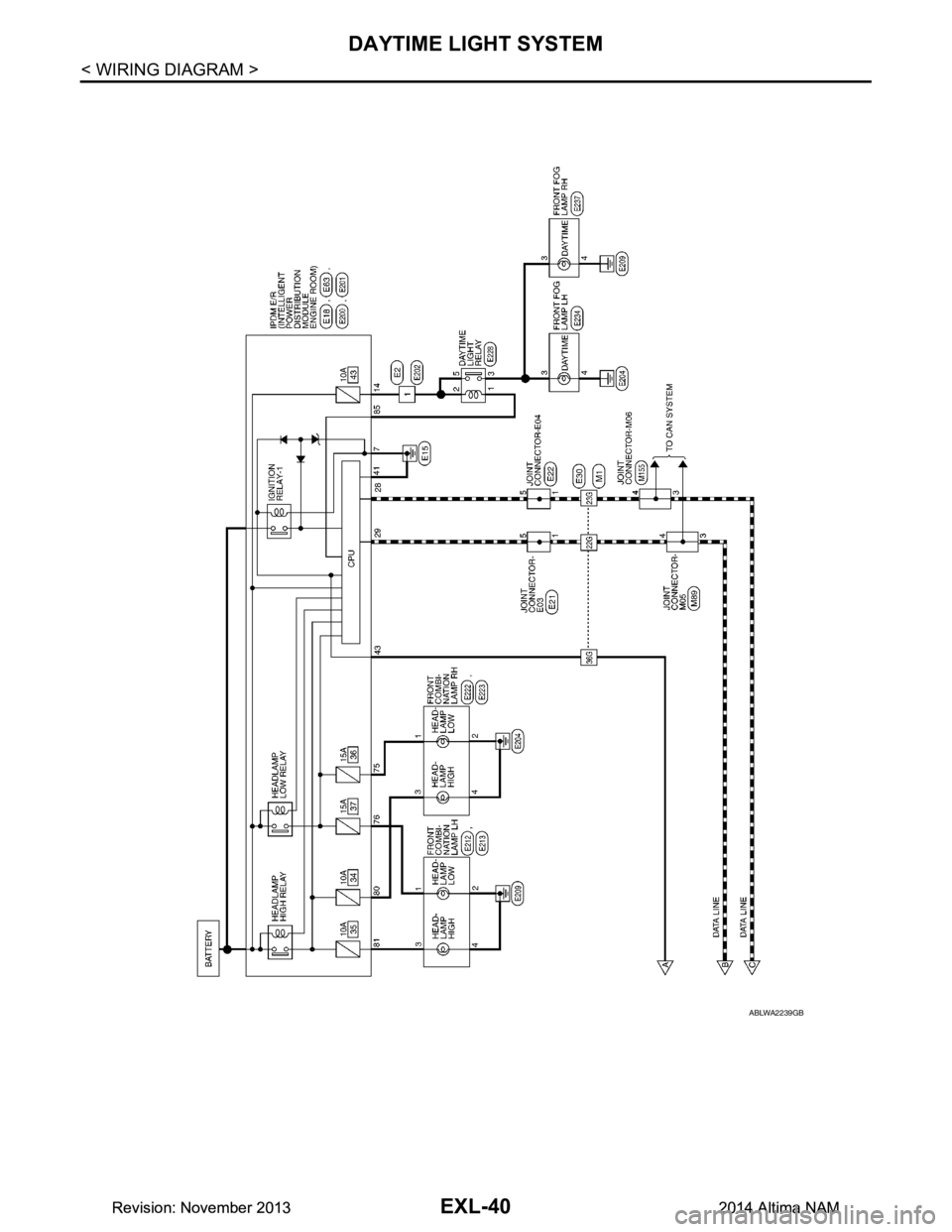 NISSAN TEANA 2014  Service Manual 
EXL-40
< WIRING DIAGRAM >
DAYTIME LIGHT SYSTEM
ABLWA2239GB
Revision: November 20132014 Altima NAMRevision: November 20132014 Altima NAM 