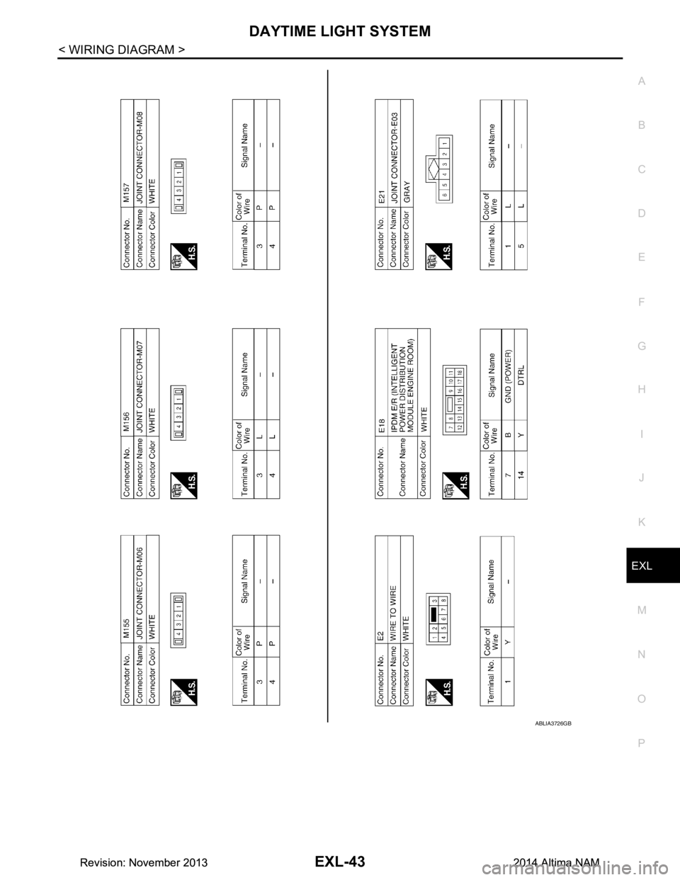 NISSAN TEANA 2014  Service Manual 
DAYTIME LIGHT SYSTEMEXL-43
< WIRING DIAGRAM >
C 
D E
F
G H
I
J
K
M A 
B
EXL
N
O P
ABLIA3726GB
Revision: November 20132014 Altima NAMRevision: November 20132014 Altima NAM 
