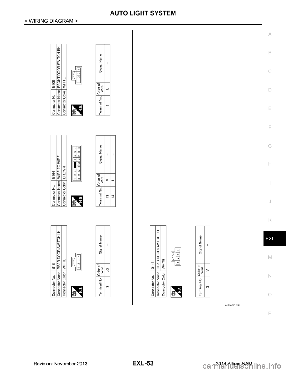 NISSAN TEANA 2014  Service Manual 
AUTO LIGHT SYSTEMEXL-53
< WIRING DIAGRAM >
C 
D E
F
G H
I
J
K
M A 
B
EXL
N
O P
ABLIA3716GB
Revision: November 20132014 Altima NAMRevision: November 20132014 Altima NAM 