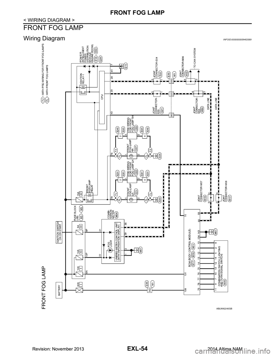 NISSAN TEANA 2014  Service Manual 
EXL-54
< WIRING DIAGRAM >
FRONT FOG LAMP
FRONT FOG LAMP
Wiring Diagram INFOID:0000000009463569
ABLWA2240GB
Revision: November 20132014 Altima NAMRevision: November 20132014 Altima NAM 