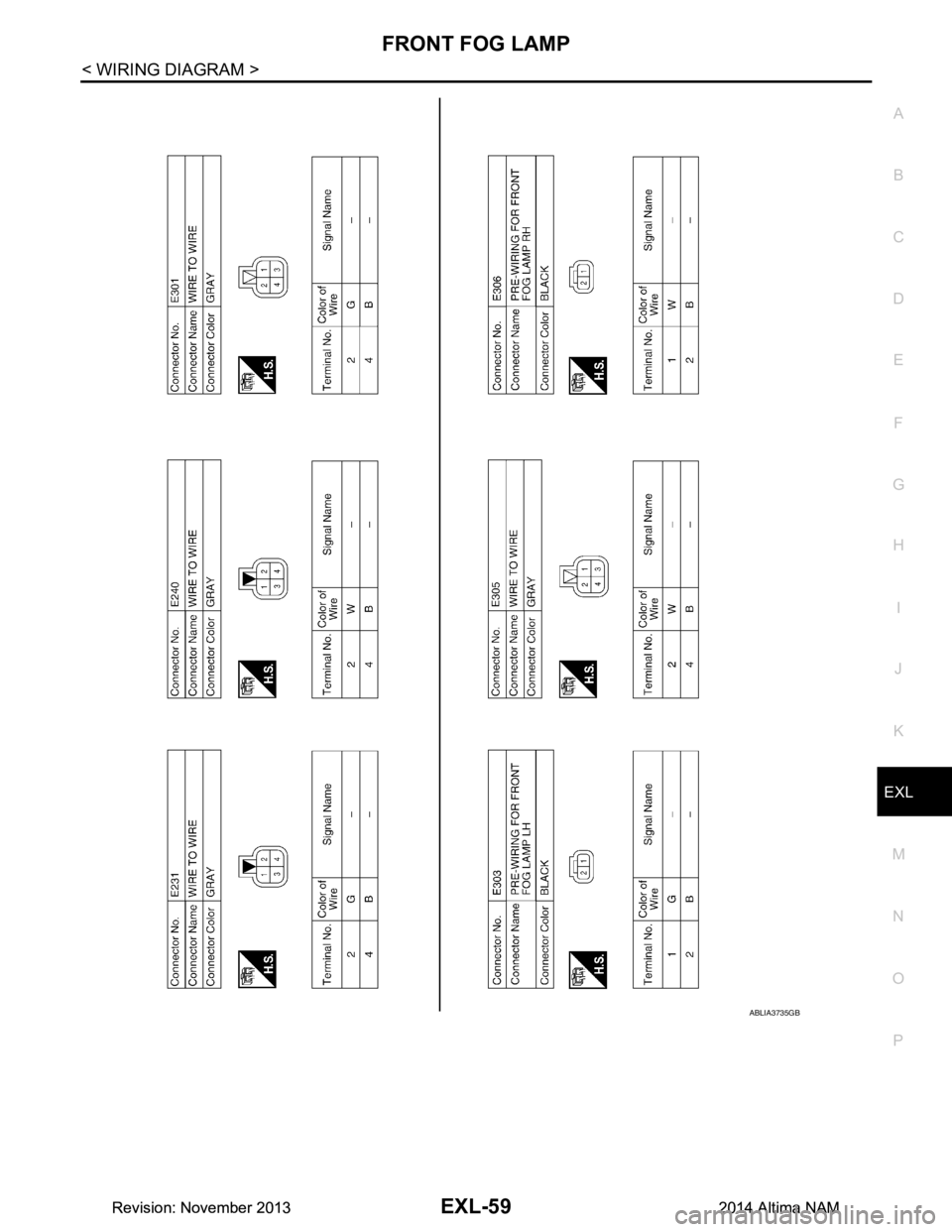 NISSAN TEANA 2014  Service Manual 
FRONT FOG LAMPEXL-59
< WIRING DIAGRAM >
C 
D E
F
G H
I
J
K
M A 
B
EXL
N
O P
ABLIA3735GB
Revision: November 20132014 Altima NAMRevision: November 20132014 Altima NAM 