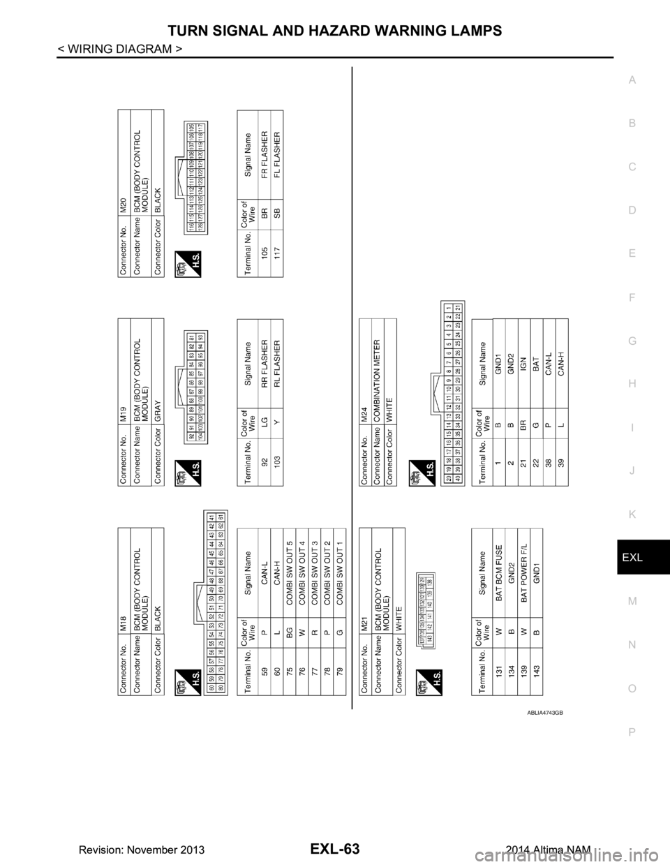 NISSAN TEANA 2014  Service Manual 
TURN SIGNAL AND HAZARD WARNING LAMPSEXL-63
< WIRING DIAGRAM >
C 
D E
F
G H
I
J
K
M A 
B
EXL
N
O P
ABLIA4743GB
Revision: November 20132014 Altima NAMRevision: November 20132014 Altima NAM 