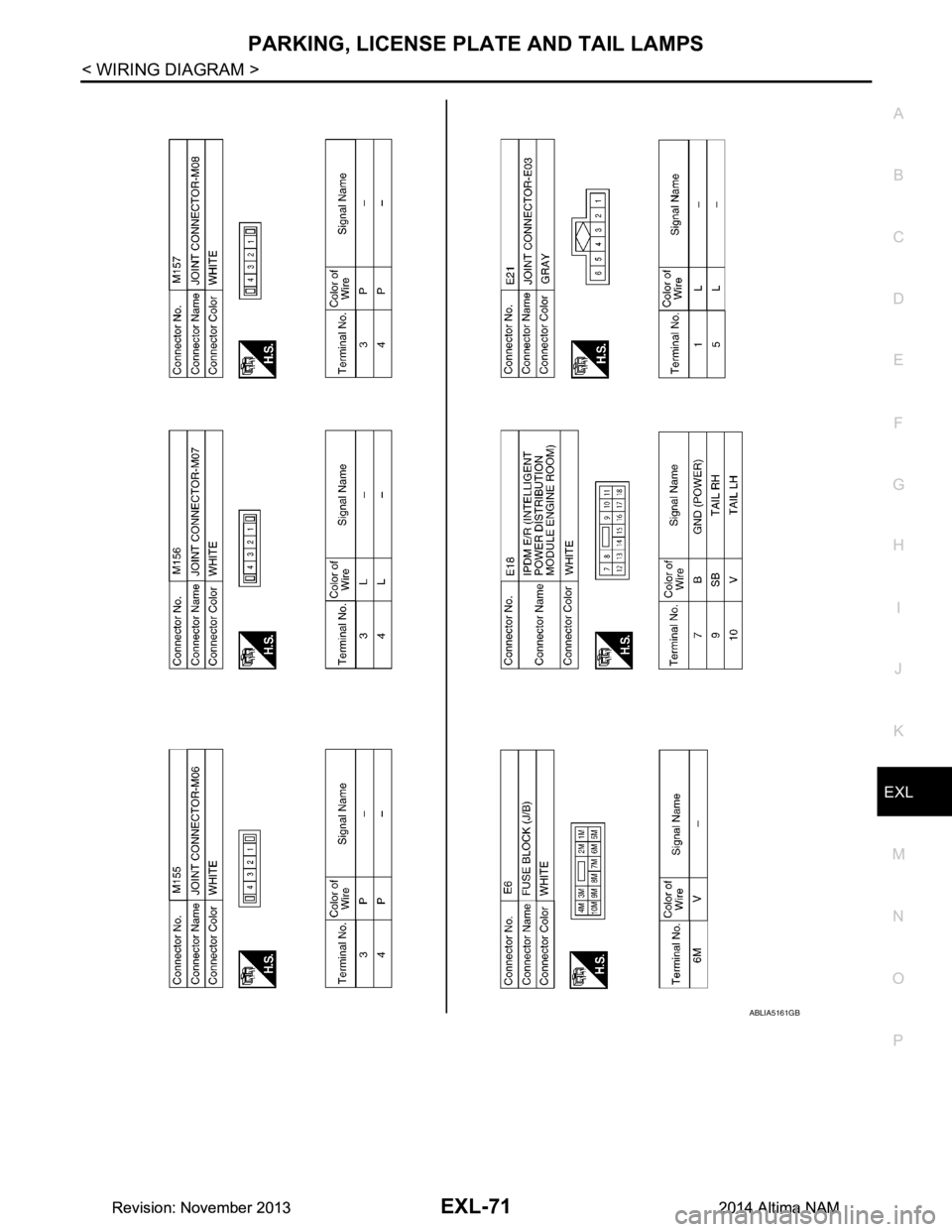 NISSAN TEANA 2014  Service Manual 
PARKING, LICENSE PLATE AND TAIL LAMPS
EXL-71
< WIRING DIAGRAM >
C 
D E
F
G H
I
J
K
M A 
B
EXL
N
O P
ABLIA5161GB
Revision: November 20132014 Altima NAMRevision: November 20132014 Altima NAM 