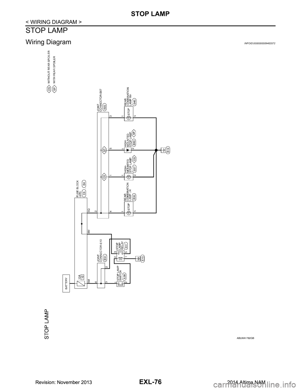 NISSAN TEANA 2014  Service Manual 
EXL-76
< WIRING DIAGRAM >
STOP LAMP
STOP LAMP
Wiring DiagramINFOID:0000000009463572
ABLWA1782GB
Revision: November 20132014 Altima NAMRevision: November 20132014 Altima NAM 