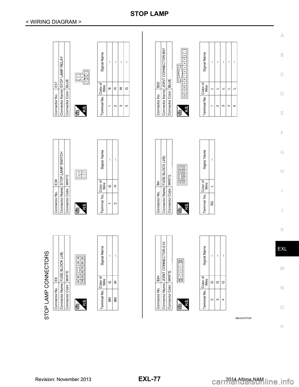 NISSAN TEANA 2014  Service Manual 
STOP LAMPEXL-77
< WIRING DIAGRAM >
C 
D E
F
G H
I
J
K
M A 
B
EXL
N
O P
ABLIA3757GB
Revision: November 20132014 Altima NAMRevision: November 20132014 Altima NAM 
