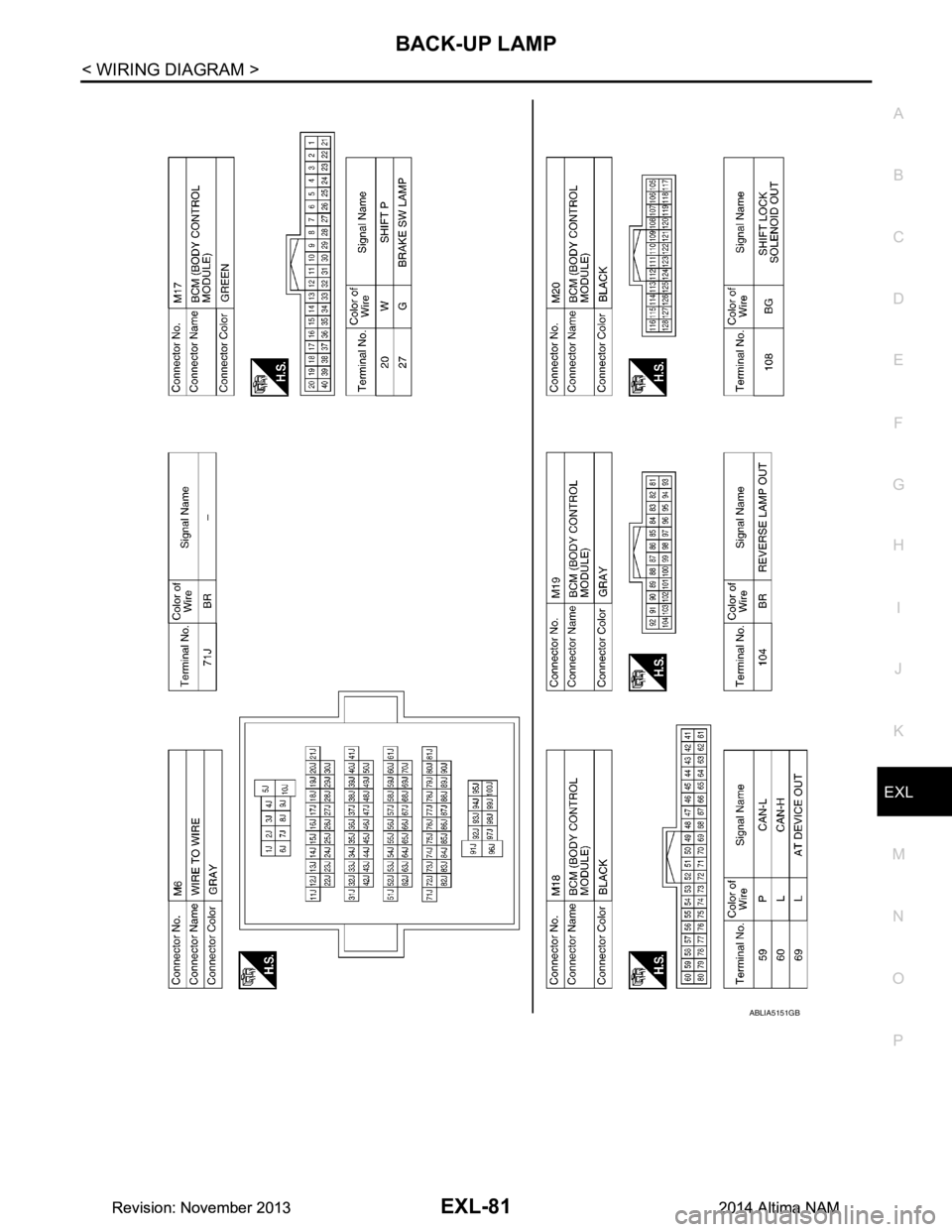 NISSAN TEANA 2014  Service Manual 
BACK-UP LAMPEXL-81
< WIRING DIAGRAM >
C 
D E
F
G H
I
J
K
M A 
B
EXL
N
O P
ABLIA5151GB
Revision: November 20132014 Altima NAMRevision: November 20132014 Altima NAM 