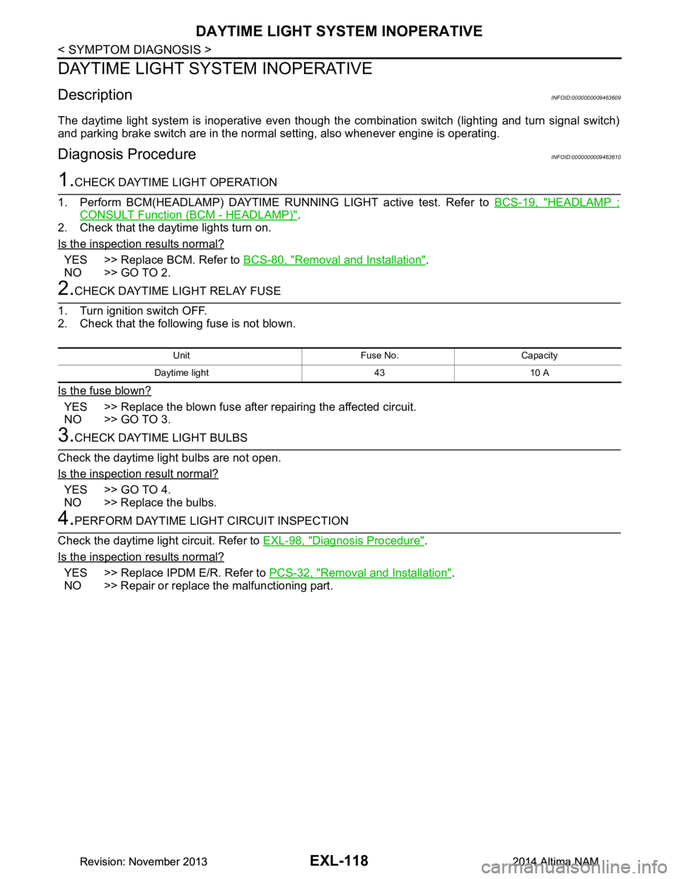 NISSAN TEANA 2014 Service Manual
EXL-118
< SYMPTOM DIAGNOSIS >
DAYTIME LIGHT SYSTEM INOPERATIVE
DAYTIME LIGHT SYSTEM INOPERATIVE
DescriptionINFOID:0000000009463609
The daytime light system is inoperative even though the combination NISSAN TEANA 2014 Service Manual
EXL-118
< SYMPTOM DIAGNOSIS >
DAYTIME LIGHT SYSTEM INOPERATIVE
DAYTIME LIGHT SYSTEM INOPERATIVE
DescriptionINFOID:0000000009463609
The daytime light system is inoperative even though the combination
