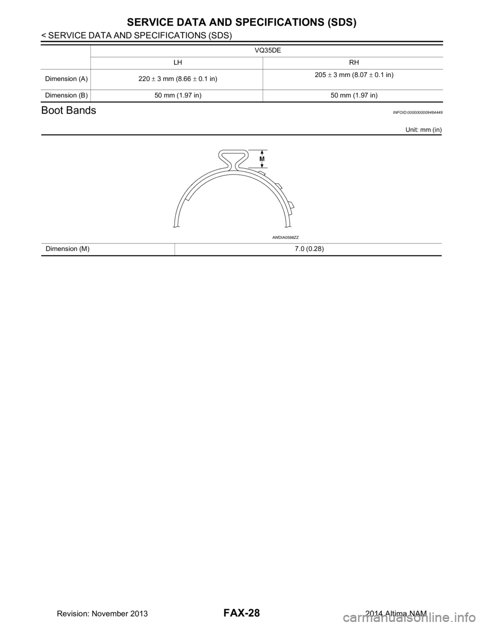 NISSAN TEANA 2014  Service Manual 
FAX-28
< SERVICE DATA AND SPECIFICATIONS (SDS) 
SERVICE DATA AND SPECIFICATIONS (SDS)
Boot Bands
INFOID:0000000009464449
Unit: mm (in)
VQ35DE
LH RH
Dimension (A) 220  ± 3 mm (8.66  ± 0.1 in) 205 
