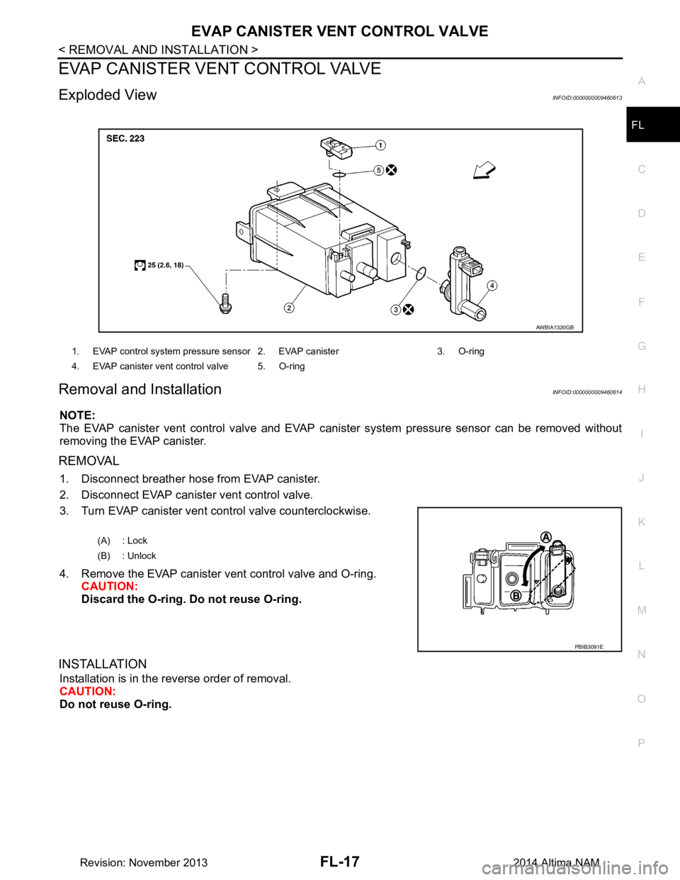 NISSAN TEANA 2014  Service Manual 
EVAP CANISTER VENT CONTROL VALVEFL-17
< REMOVAL AND INSTALLATION >
C 
D E
F
G H
I
J
K L
M A
FL
NP
O
EVAP CANISTER VENT CONTROL VALVE
Exploded ViewINFOID:0000000009460613
Removal and InstallationINFOI