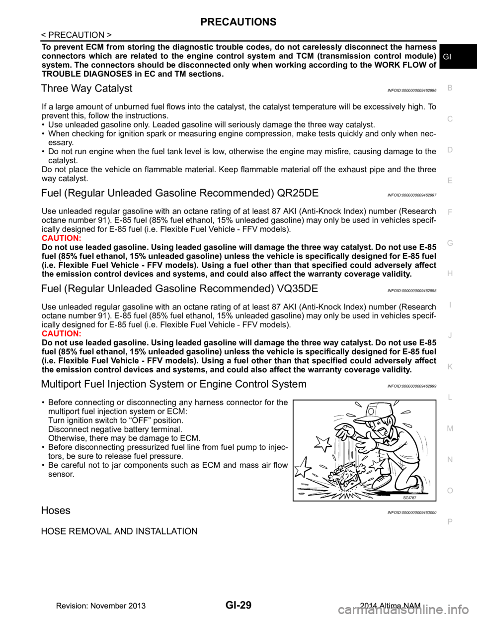 NISSAN TEANA 2014  Service Manual 
PRECAUTIONSGI-29
< PRECAUTION >
C 
D E
F
G H
I
J
K L
M B
GI
N
O P
To prevent ECM from storing the diagnostic trou ble codes, do not carelessly disconnect the harness
connectors which are related to t
