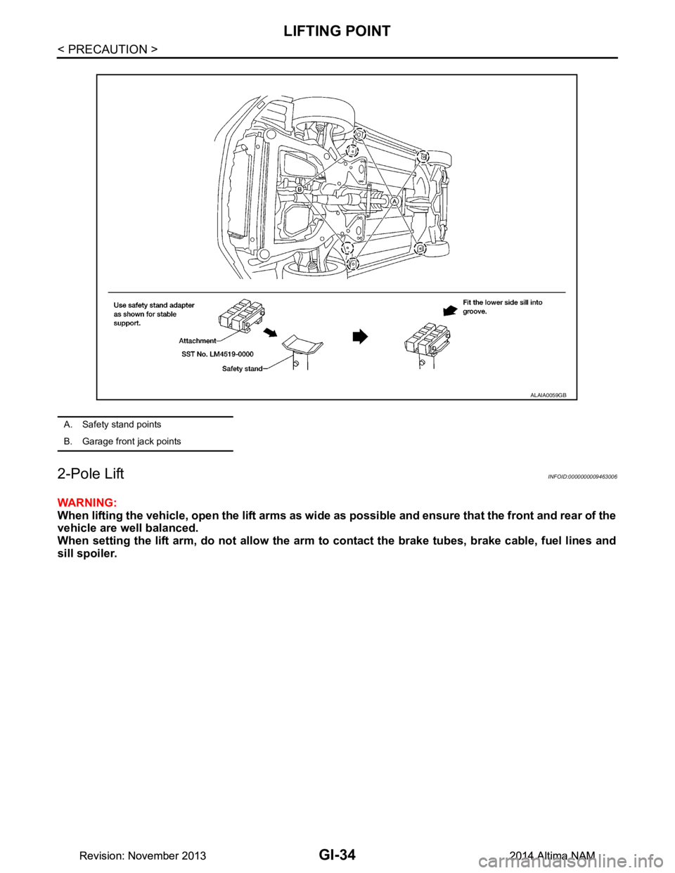 NISSAN TEANA 2014  Service Manual 
GI-34
< PRECAUTION >
LIFTING POINT
2-Pole Lift
INFOID:0000000009463006
WARNING: 
When lifting the vehicle, open the lift arms as wide  as possible and ensure that the front and rear of the
vehicle ar