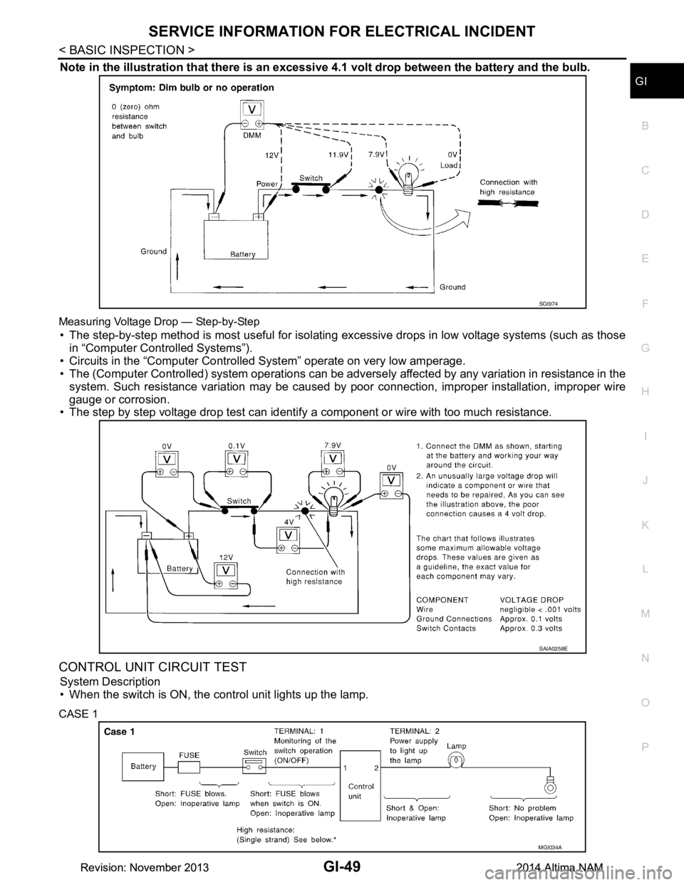 NISSAN TEANA 2014 Service Manual
SERVICE INFORMATION FOR ELECTRICAL INCIDENTGI-49
< BASIC INSPECTION >
C
D E
F
G H
I
J
K L
M B
GI
N
O P
Note in the illustration that there is an excessi ve 4.1 volt drop between the battery and the NISSAN TEANA 2014 Service Manual
SERVICE INFORMATION FOR ELECTRICAL INCIDENTGI-49
< BASIC INSPECTION >
C
D E
F
G H
I
J
K L
M B
GI
N
O P
Note in the illustration that there is an excessi ve 4.1 volt drop between the battery and the