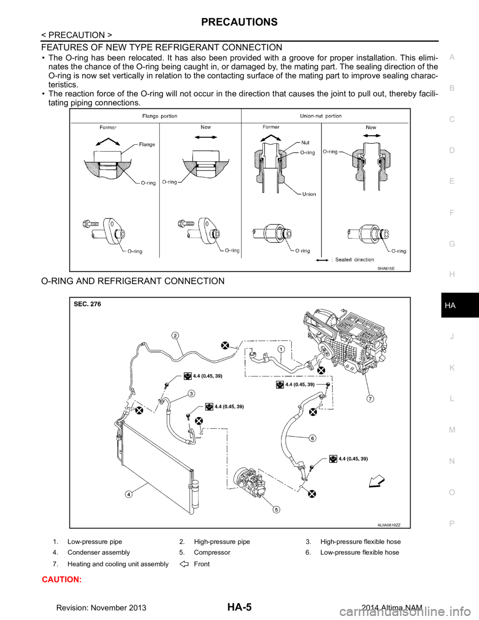 NISSAN TEANA 2014  Service Manual 
PRECAUTIONSHA-5
< PRECAUTION >
C 
D E
F
G H
J
K L
M A 
B
HA
N
O P
FEATURES OF NEW TYPE REFRIGERANT CONNECTION
• The O-ring has been relocated. It has also been provided with a groove for proper ins