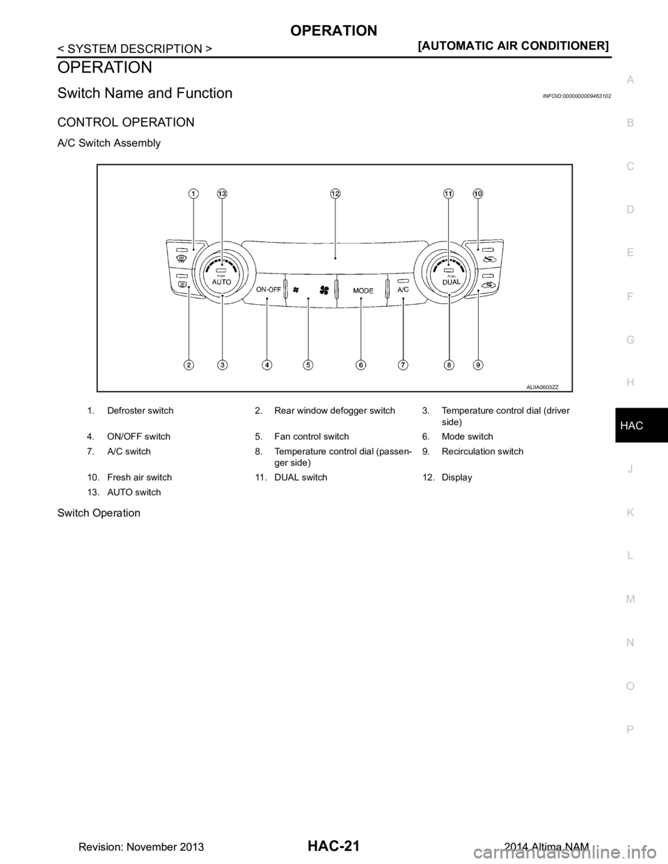 NISSAN TEANA 2014  Service Manual 
OPERATIONHAC-21
< SYSTEM DESCRIPTION > [AUTOMATIC AIR CONDITIONER]
C 
D E
F
G H
J
K L
M A 
B
HAC
N
O P
OPERATION
Switch Name and FunctionINFOID:0000000009463102
CONTROL OPERATION
A/C Switch Assembly 