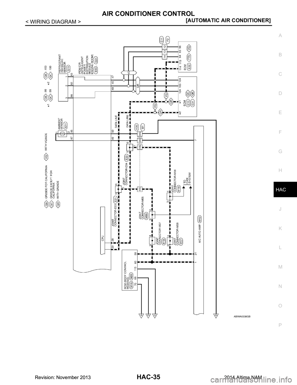 NISSAN TEANA 2014  Service Manual 
AIR CONDITIONER CONTROLHAC-35
< WIRING DIAGRAM > [AUTOMATIC AIR CONDITIONER]
C 
D E
F
G H
J
K L
M A 
B
HAC
N
O P
ABIWA0338GB
Revision: November 20132014 Altima NAMRevision: November 20132014 Altima N