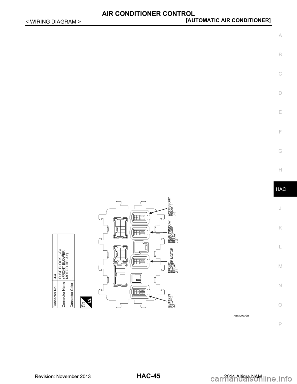 NISSAN TEANA 2014  Service Manual 
AIR CONDITIONER CONTROLHAC-45
< WIRING DIAGRAM > [AUTOMATIC AIR CONDITIONER]
C 
D E
F
G H
J
K L
M A 
B
HAC
N
O P
ABIIA0907GB
Revision: November 20132014 Altima NAMRevision: November 20132014 Altima N