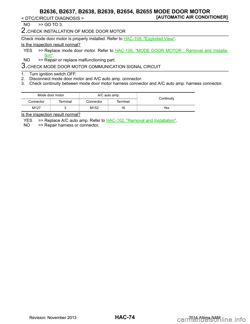 NISSAN TEANA 2014  Service Manual 
HAC-74
< DTC/CIRCUIT DIAGNOSIS >[AUTOMATIC AIR CONDITIONER]
B2636, B2637, B2638,
 B2639, B2654, B2655  MODE DOOR MOTOR
NO >> GO TO 3.
2.CHECK INSTALLATION OF MODE DOOR MOTOR
Check mode door motor is 