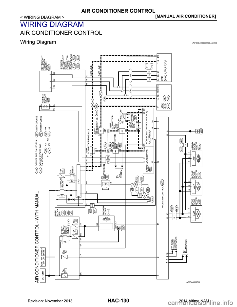 NISSAN TEANA 2014  Service Manual 
HAC-130
< WIRING DIAGRAM >[MANUAL AIR CONDITIONER]
AIR CONDITIONER CONTROL
WIRING DIAGRAM
AIR CONDITIONER CONTROL
Wiring DiagramINFOID:0000000009463208
ABIWA0339GB
Revision: November 20132014 Altima 