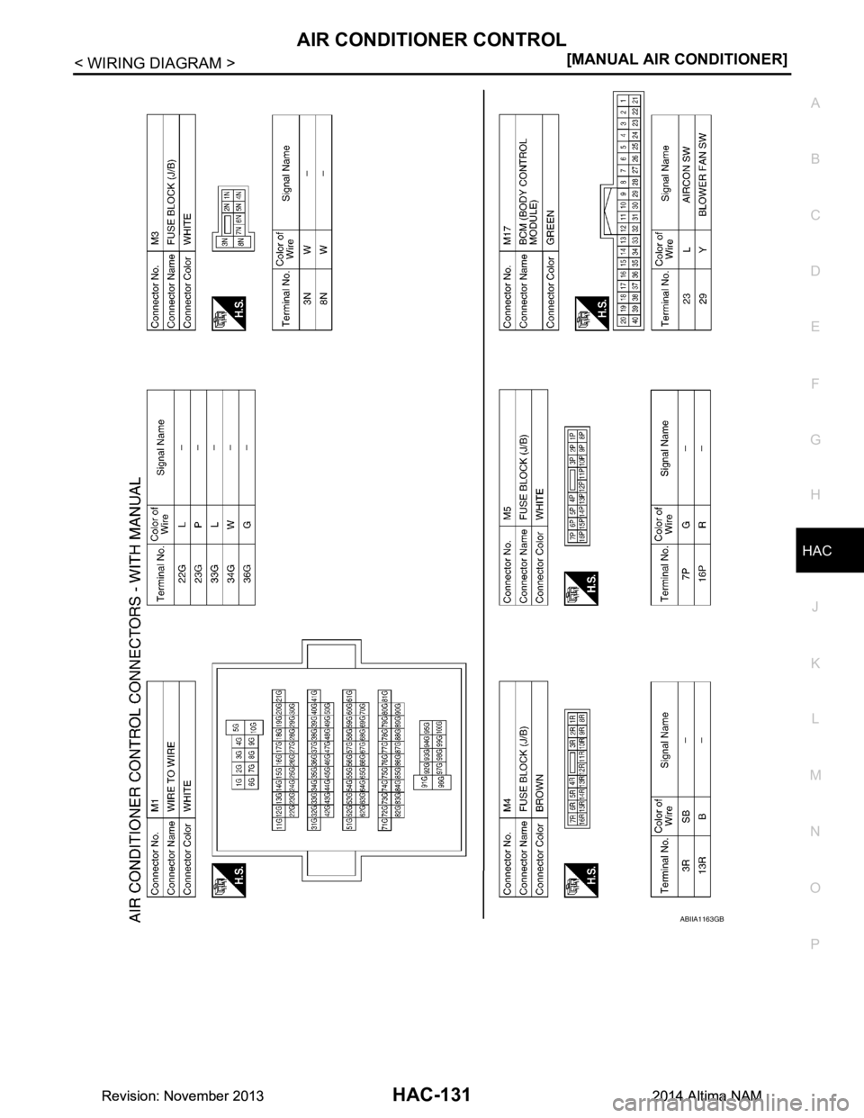 NISSAN TEANA 2014  Service Manual 
AIR CONDITIONER CONTROLHAC-131
< WIRING DIAGRAM > [MANUAL AIR CONDITIONER]
C 
D E
F
G H
J
K L
M A 
B
HAC
N
O P
ABIIA1163GB
Revision: November 20132014 Altima NAMRevision: November 20132014 Altima NAM