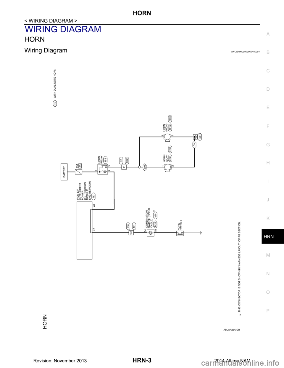 NISSAN TEANA 2014  Service Manual 
HORN
HRN-3
< WIRING DIAGRAM >
C 
D E
F
G H
I
J
K
M A 
B
HRN
N
O P
WIRING DIAGRAM
HORN
Wiring DiagramINFOID:0000000009460381
ABLWA2243GB
Revision: November 20132014 Altima NAMRevision: November 201320
