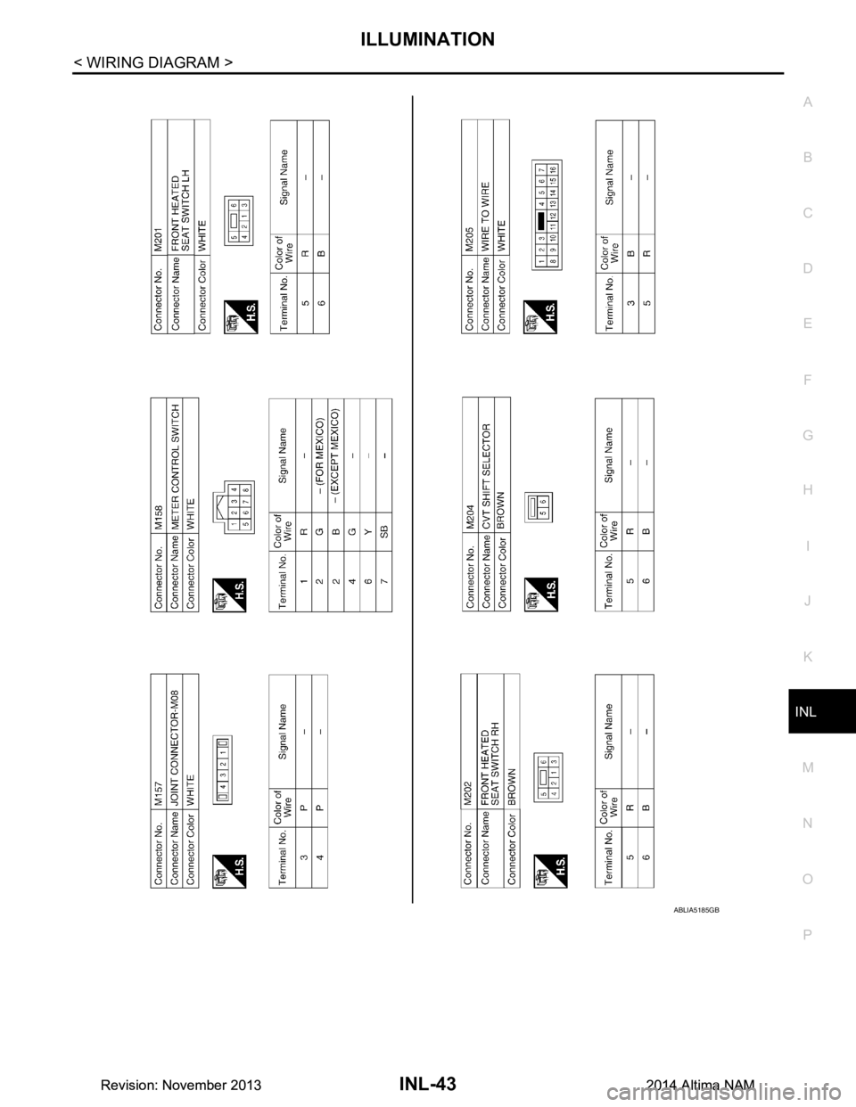 NISSAN TEANA 2014  Service Manual 
ILLUMINATIONINL-43
< WIRING DIAGRAM >
C 
D E
F
G H
I
J
K
M A 
B
INL
N
O P
ABLIA5185GB
Revision: November 20132014 Altima NAMRevision: November 20132014 Altima NAM 