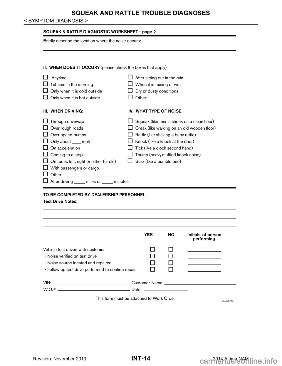 NISSAN TEANA 2014  Service Manual 
INT-14
< SYMPTOM DIAGNOSIS >
SQUEAK AND RATTLE TROUBLE DIAGNOSES
LAIA0071E
Revision: November 20132014 Altima NAM 