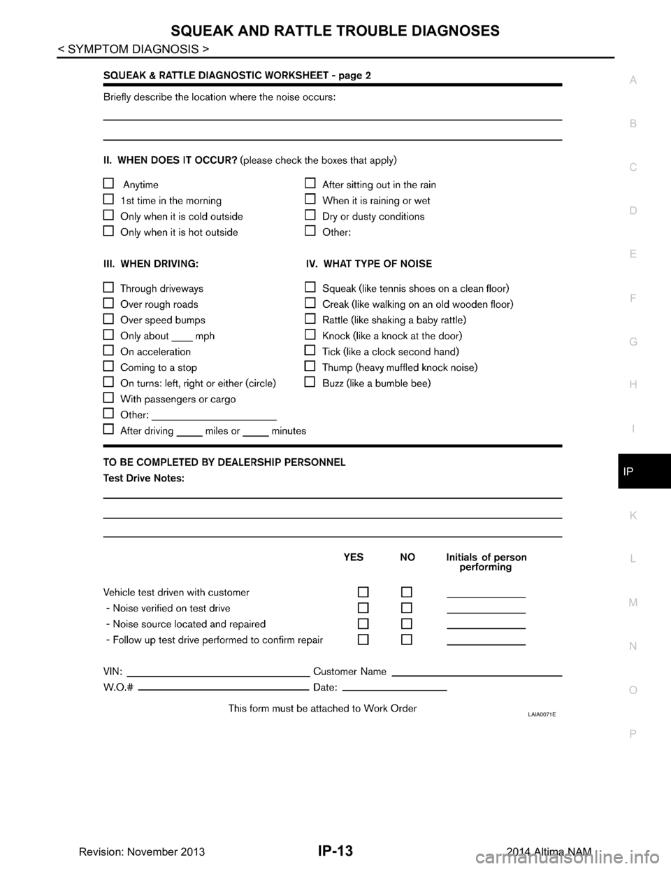 NISSAN TEANA 2014  Service Manual 
SQUEAK AND RATTLE TROUBLE DIAGNOSESIP-13
< SYMPTOM DIAGNOSIS >
C 
D E
F
G H
I
K L
M A 
B
IP
N
O P
LAIA0071E
Revision: November 20132014 Altima NAM 