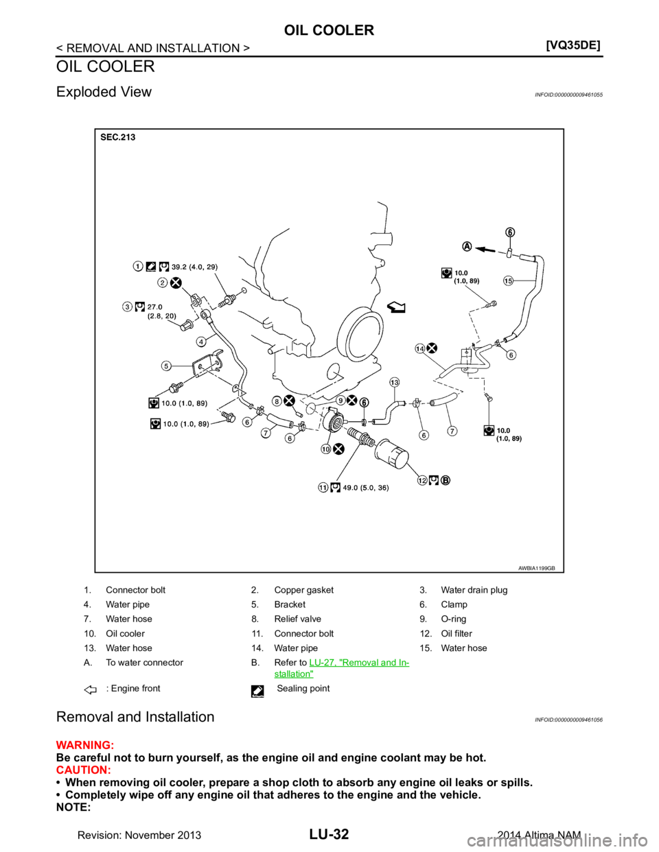 NISSAN TEANA 2014  Service Manual 
LU-32
< REMOVAL AND INSTALLATION >[VQ35DE]
OIL COOLER
OIL COOLER
Exploded ViewINFOID:0000000009461055
Removal and InstallationINFOID:0000000009461056
WARNING: 
Be careful not to burn yourself, as the