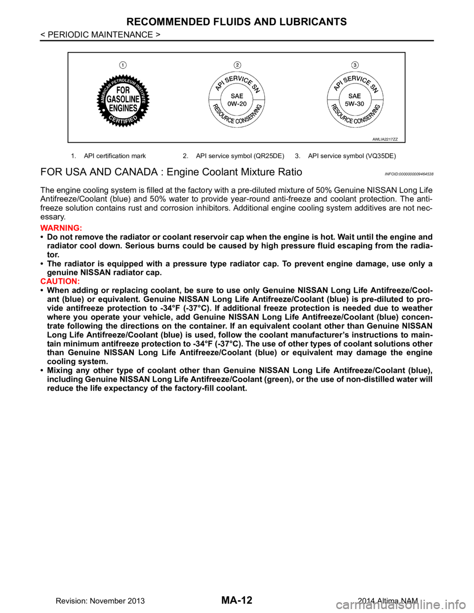 NISSAN TEANA 2014 Service Manual
MA-12
< PERIODIC MAINTENANCE >
RECOMMENDED FLUIDS AND LUBRICANTS
FOR USA AND CANADA : Engi ne Coolant Mixture Ratio
INFOID:0000000009464538
The engine cooling system is filled at the factory with a NISSAN TEANA 2014 Service Manual
MA-12
< PERIODIC MAINTENANCE >
RECOMMENDED FLUIDS AND LUBRICANTS
FOR USA AND CANADA : Engi ne Coolant Mixture Ratio
INFOID:0000000009464538
The engine cooling system is filled at the factory with a
