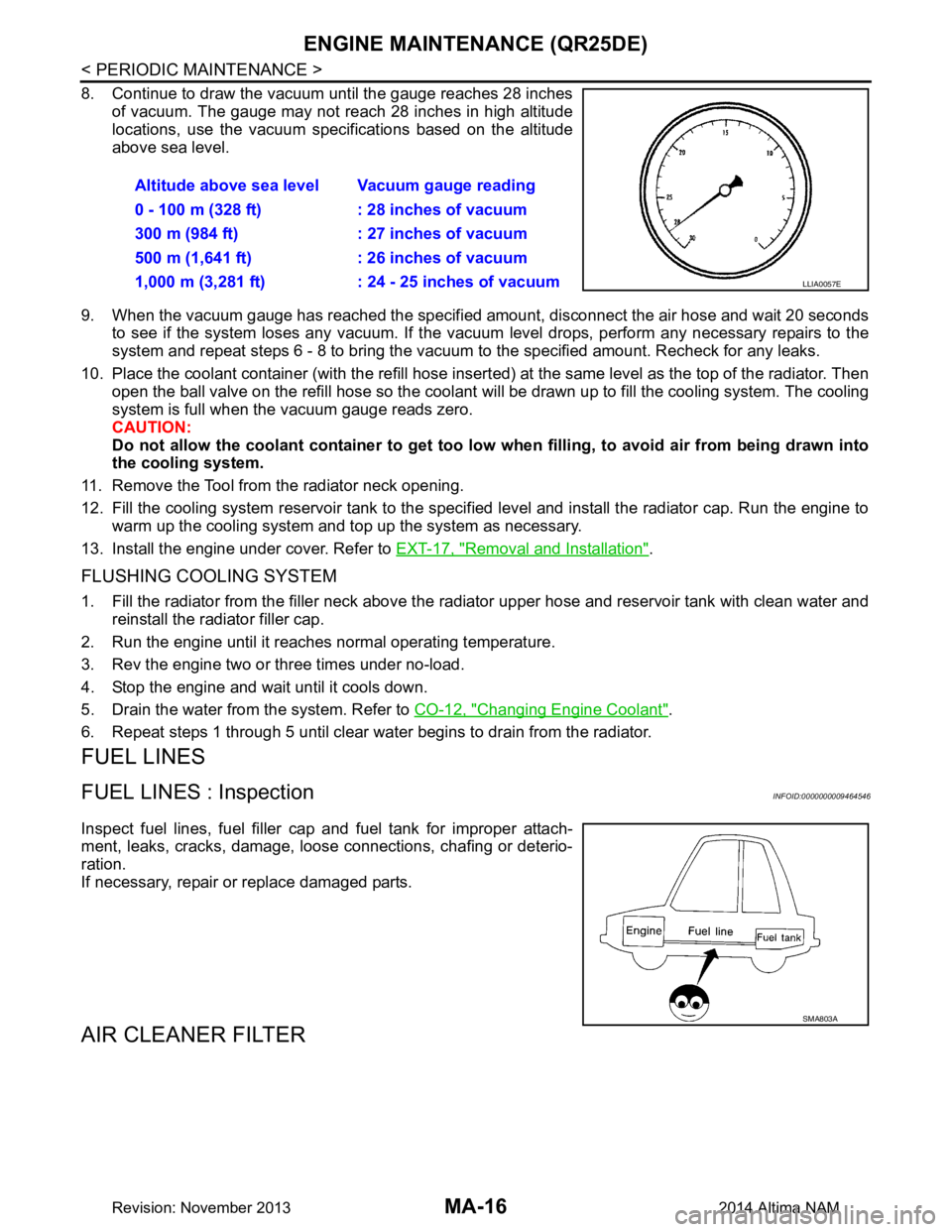 NISSAN TEANA 2014 Service Manual
MA-16
< PERIODIC MAINTENANCE >
ENGINE MAINTENANCE (QR25DE)
8. Continue to draw the vacuum until the gauge reaches 28 inchesof vacuum. The gauge may not reach 28 inches in high altitude
locations, us NISSAN TEANA 2014 Service Manual
MA-16
< PERIODIC MAINTENANCE >
ENGINE MAINTENANCE (QR25DE)
8. Continue to draw the vacuum until the gauge reaches 28 inchesof vacuum. The gauge may not reach 28 inches in high altitude
locations, us