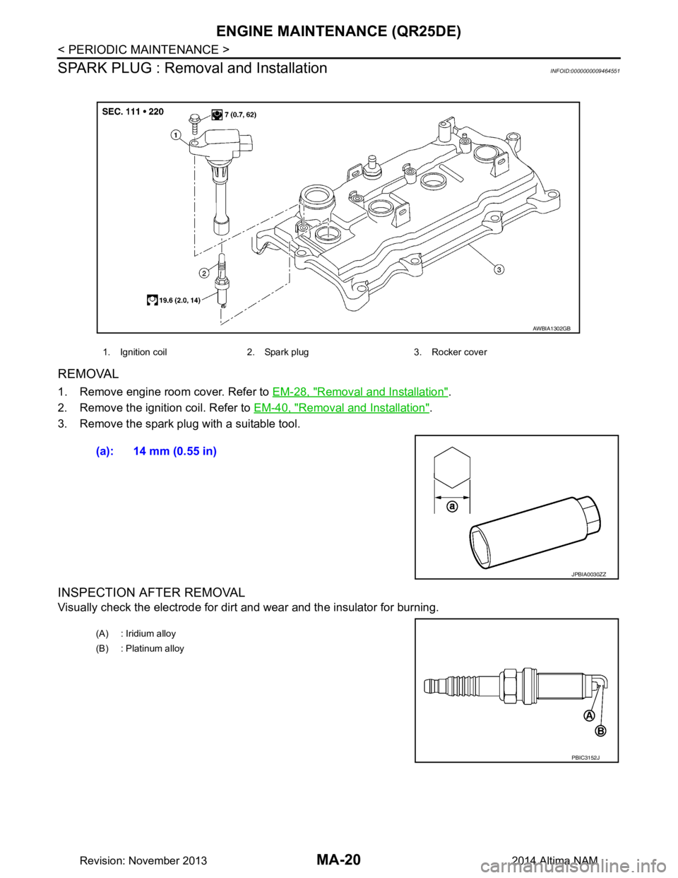 NISSAN TEANA 2014  Service Manual 
MA-20
< PERIODIC MAINTENANCE >
ENGINE MAINTENANCE (QR25DE)
SPARK PLUG : Removal and Installation
INFOID:0000000009464551
REMOVAL
1. Remove engine room cover. Refer to  EM-28, "Removal and Installatio