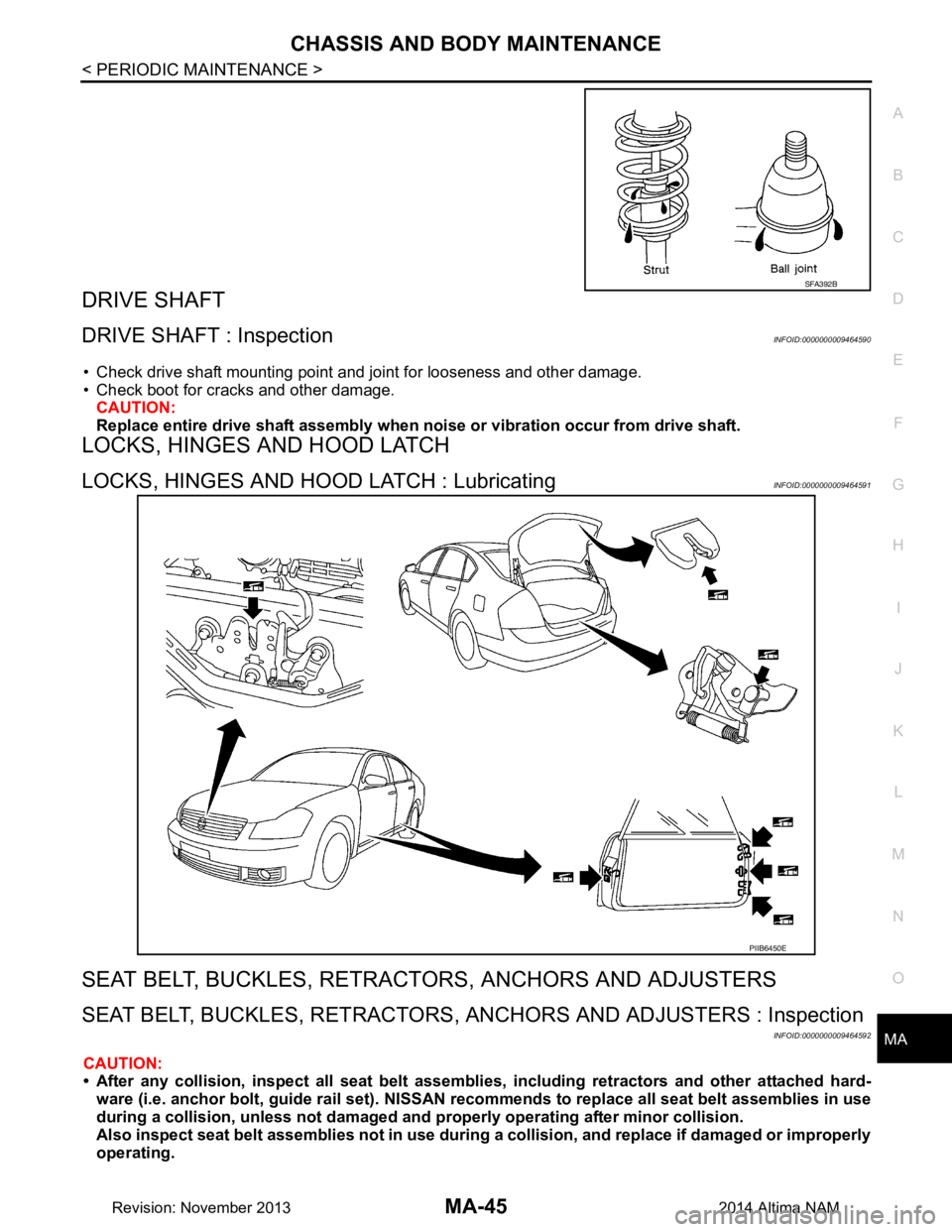 NISSAN TEANA 2014 Service Manual
CHASSIS AND BODY MAINTENANCEMA-45
< PERIODIC MAINTENANCE >
C
D E
F
G H
I
J
K L
M B
MA
N
O A
DRIVE SHAFT
DRIVE SHAFT : InspectionINFOID:0000000009464590
• Check drive shaft mounting point and joint NISSAN TEANA 2014 Service Manual
CHASSIS AND BODY MAINTENANCEMA-45
< PERIODIC MAINTENANCE >
C
D E
F
G H
I
J
K L
M B
MA
N
O A
DRIVE SHAFT
DRIVE SHAFT : InspectionINFOID:0000000009464590
• Check drive shaft mounting point and joint